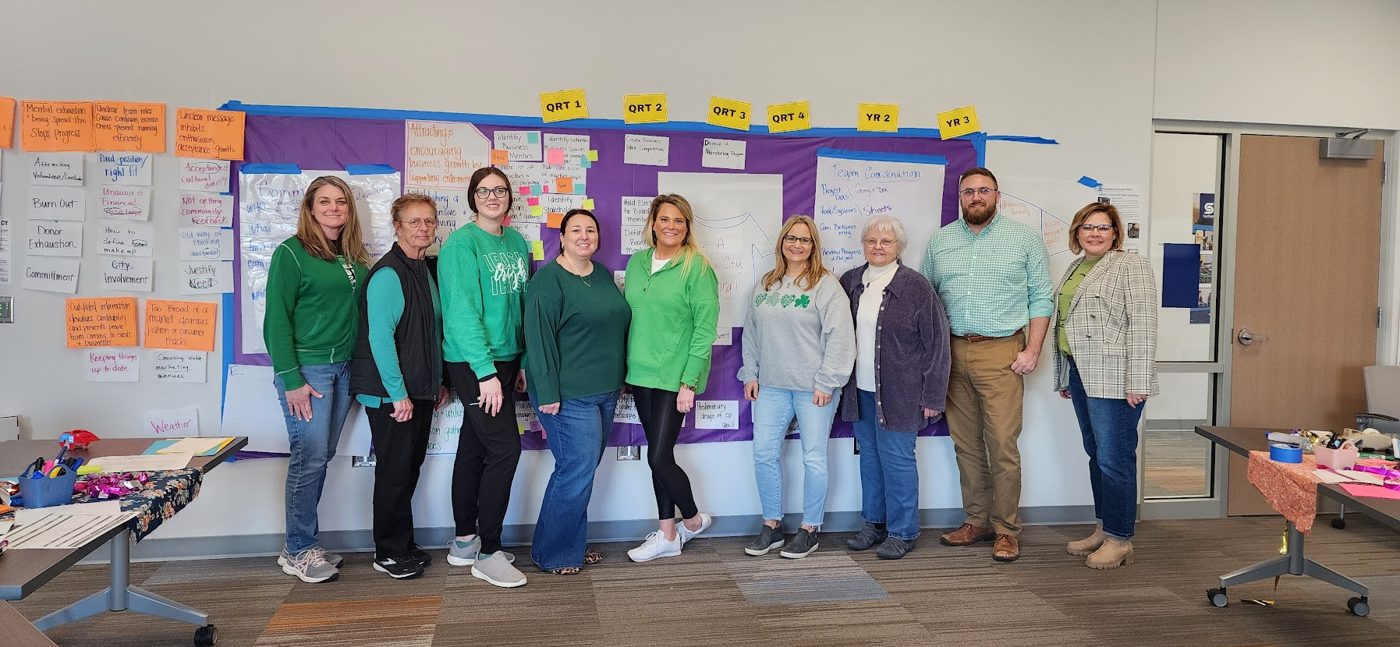 A planning team standing in front of the plan they built, laid out by quarter and year